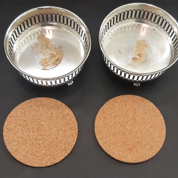 VTG Silverplate Footed Wine Bottle Coaster Holders Set of 2 Pierced Cork Insert - Picture 8 of 10